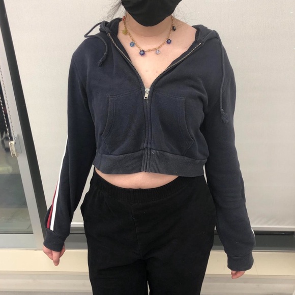 Brandy Melville Navy Blue Cropped Zip-up Hoodie w/ stripes on sleeves - Picture 6 of 10